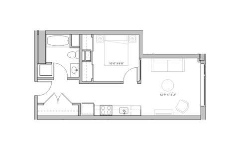 black and white floor plan of a residence with a bedroom and a living room